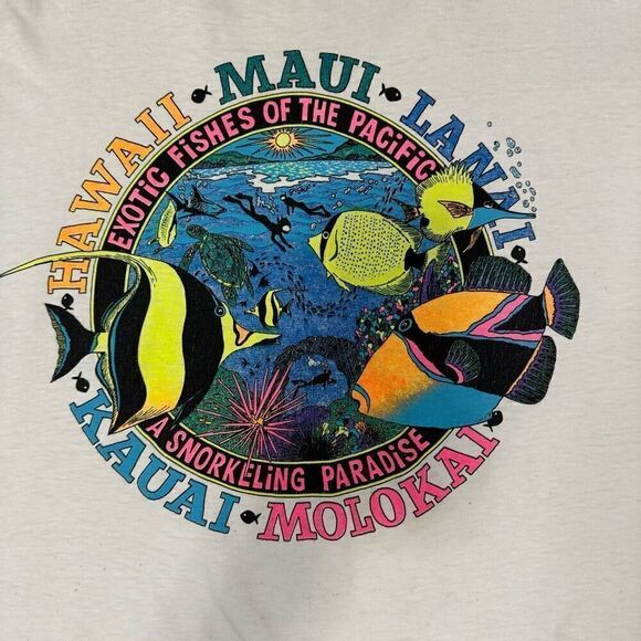 Vintage Women's One Size Hawaii Islands Boxy Crop Tee White 90s Tropical Fish - Picture 2 of 7